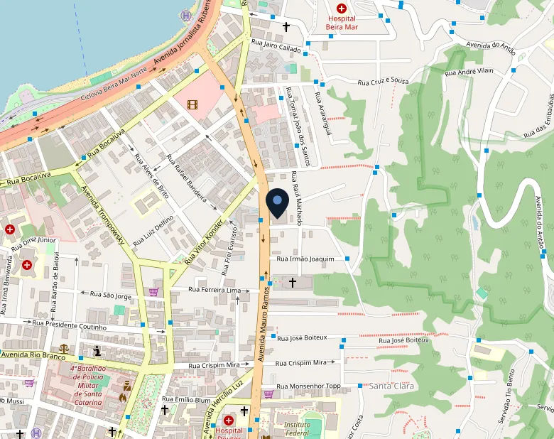 Mapa do Centro de Florianópolis com uma marca sobre a clínica, na Avenida Mauro Ramos, esquina com a Rua Ângelo La Porta. O endereço completo é R. Ângelo La Porta, 53 - Estação Milano - 1401/1402 - Centro, Florianópolis - SC.